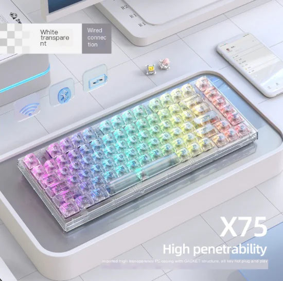 kabellose Tastatur für Gaming und Arbeiten mit Stil-Erleben Sie Komfort und Stil mit der kabellosen Tastatur New Alliance X75! Sie bietet RGB-Beleuchtung und präzises Tippgefühl. Jetzt kaufen!
